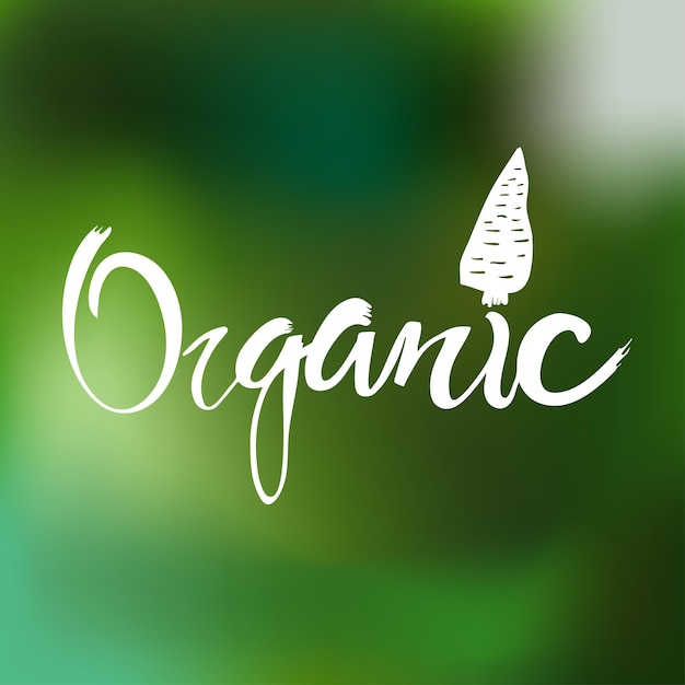 Organic logo or sign with lettering and carrot. Vegan, raw, healthy food. Vector