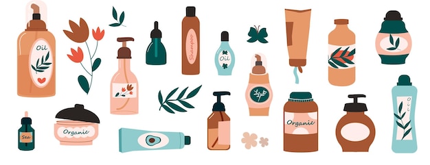 Organic make up packaging Hand drawn cosmetic products and skin care natural treatment glass bottles paper tubes and glass jars Vector scrub lotion and shampoo set