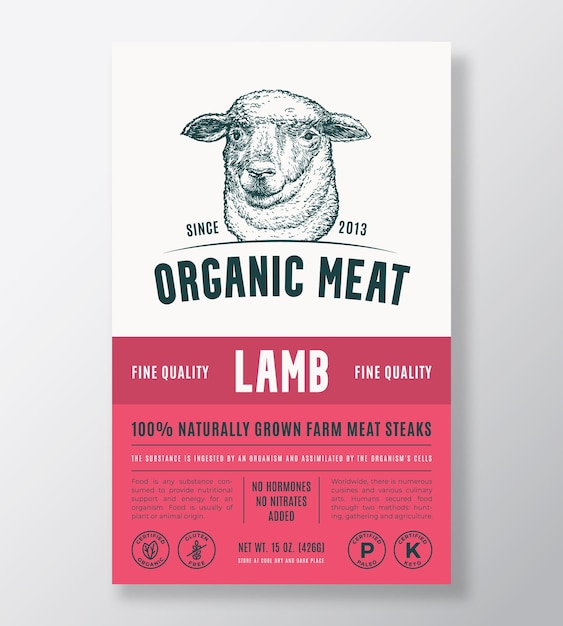 Organic meat abstract vector packaging design or label template farm grown steaks banner modern typo...