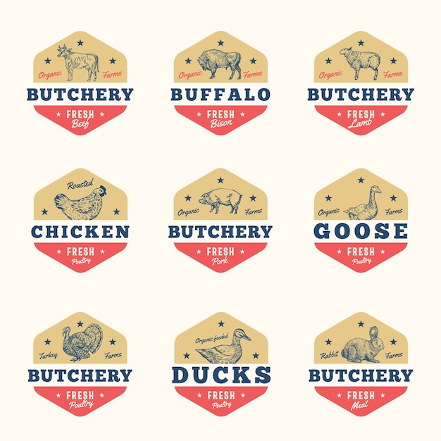 Органическое мясо и птица абстрактные знаки, значки или набор шаблонов логотипов.