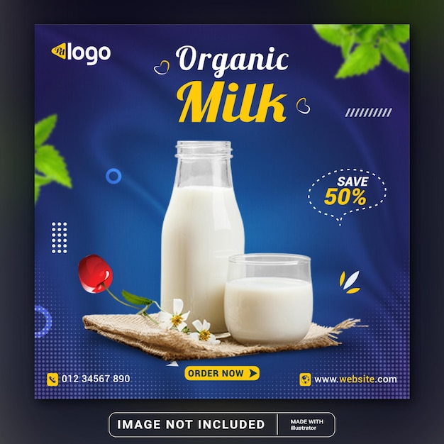 organic milk  sale social media post design or instagram post design template or square flyer
