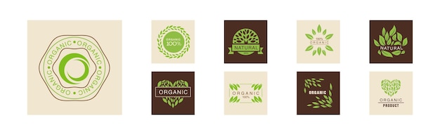 Organic and natural product labels and emblem with green leaf vector set