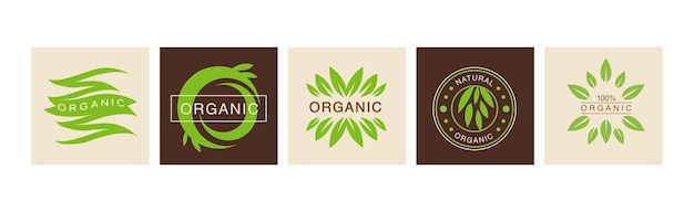 Vector organic and natural product labels and emblem with green leaf vector set