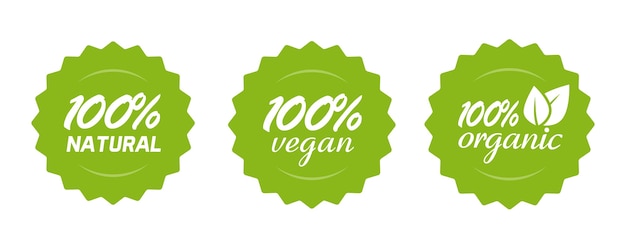 Etichetta dell'icona di cibo o nutrizione biologico naturale e vegano, pasto sano al 100%, badge verde per adesivo del prodotto con foglie