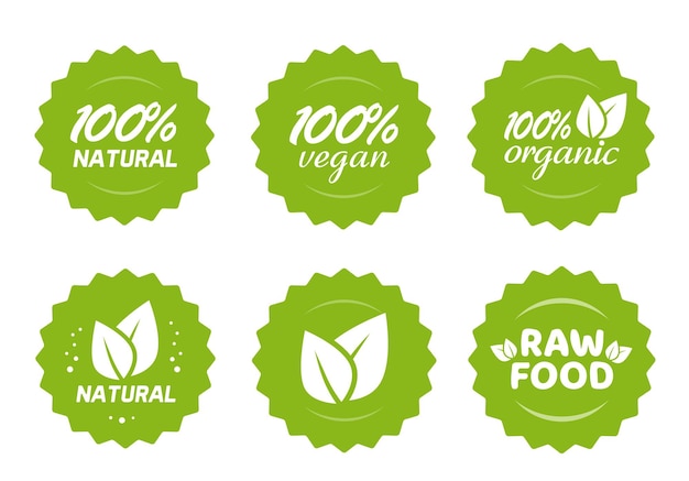 Organic natural vegan and raw food nutrition icon label stickers with leaves set