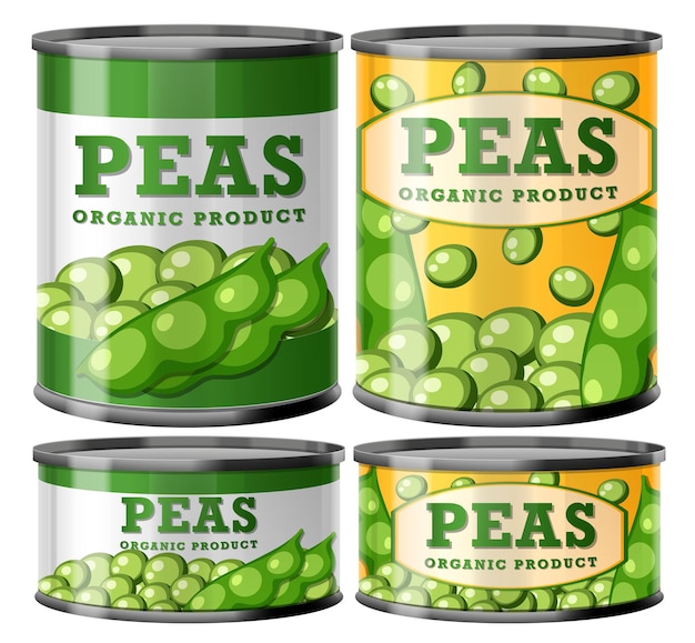 Vector organic pea food cans collection