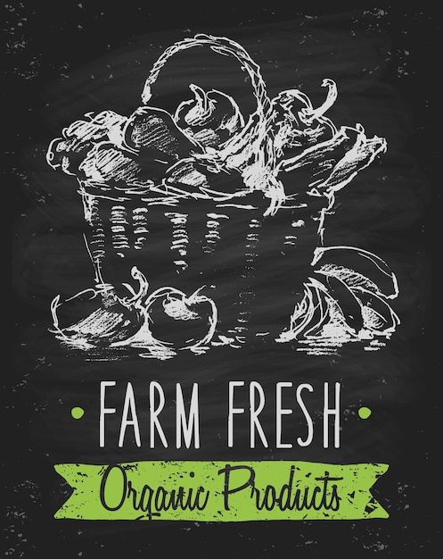 Organic product background on chalkboard, farm food poster on blackboard, hand drawn vector illustra