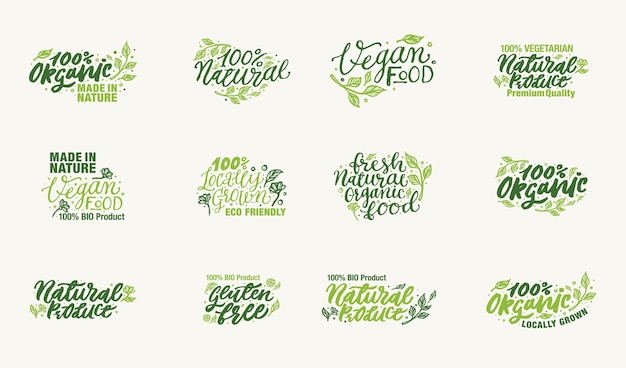 Organic product made in nature and locally grown vegan logos and elements collection