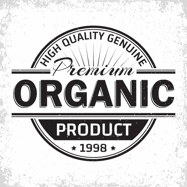 Vettore etichetta vintage di prodotti biologici, emblema di prodotti naturali, timbro di stampa grange, emblema di tipografia di produzioni biologiche,