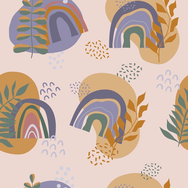 Vector organic rainbow seamless pattern boho aesthetic background with floral elements vector illustration