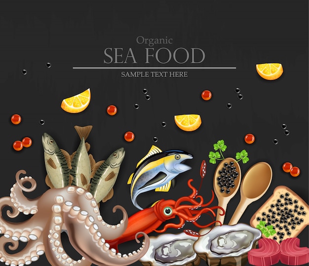 Vector organic sea food banner with squid and octopus