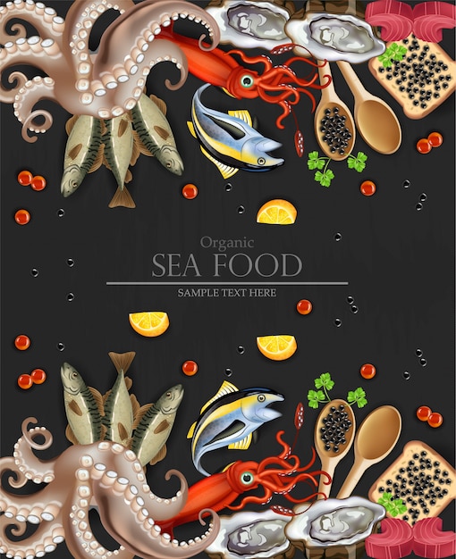 Vector organic sea food menu with squid and octopus