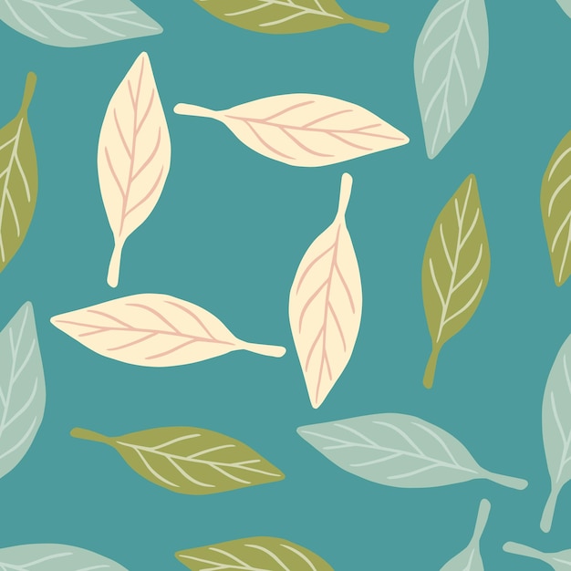 Organic seamless pattern with random pink, blue and green leaves elements