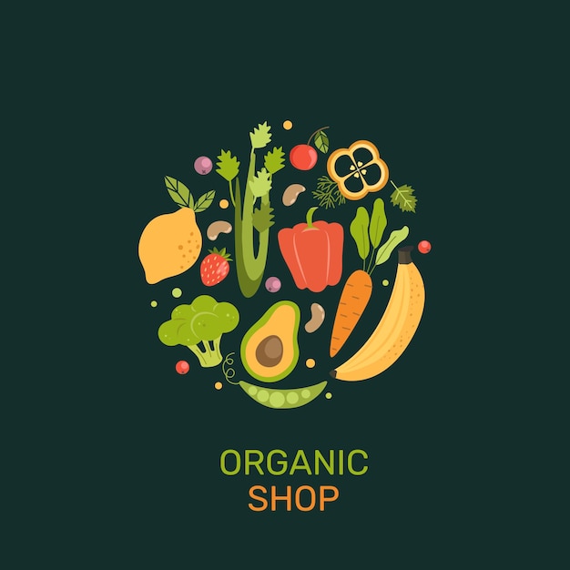 Organic shop banner with cartoon vegetables,berries,fruits.