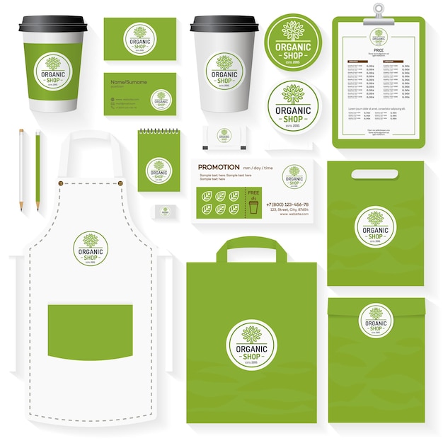 organic shop corporate identity template set with tree logo for use healthy food store, vegan shop, vegetarian cafe, natural product firm, eco market etc. set of card, flyer, menu, package, uniform.