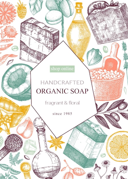 Organic soap card or flyer design in colors Handsketched aromatic materials and ningredients