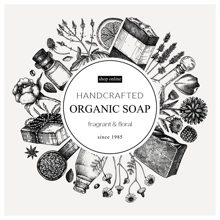 Vector organic soap wreath design in vintage style handsketched aromatic materials temp