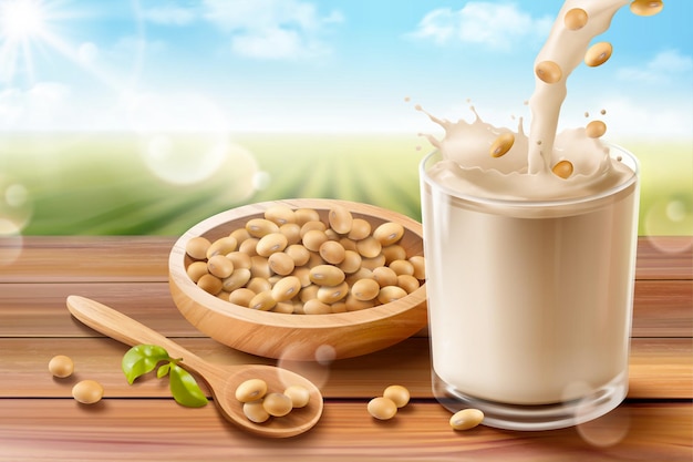 Реклама органического соевого молока на деревянном столе и миске, фон зеленого поля боке в 3d иллюстрации