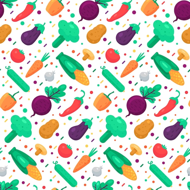 Organic vegetables food seamless pattern vector. Spice chilli and pepper, cucumber and mushrooms, corn and tomato, garlic and potato color texture. Natural carrot, beet and eggplant flat illustration