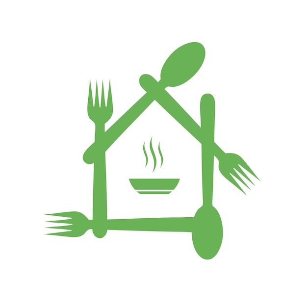 Логотип кафе с органической или вегетарианской едой с зелеными вилками и ложками