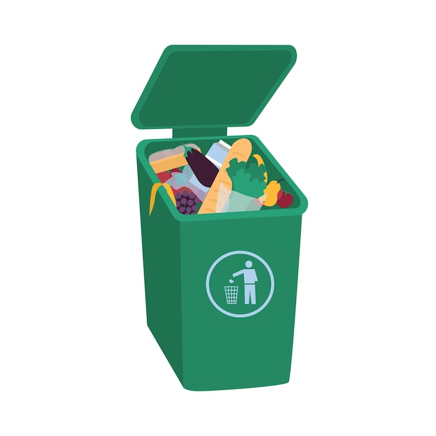 Vettore rifiuti organici che giacciono in un contenitore della spazzatura verde aperto
