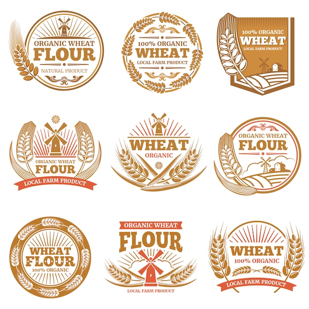 Vector organic wheat flour, farming grain products  labels and logos