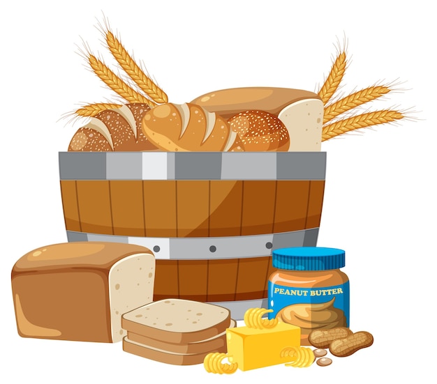 Vettore prodotti biologici di grano, pane da forno e burro di arachidi