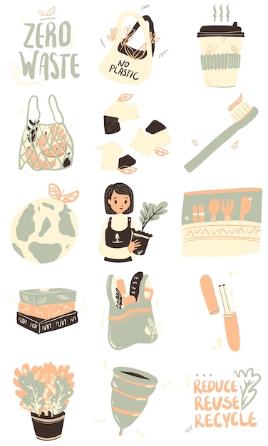 Vector organic zero waste living illustration set