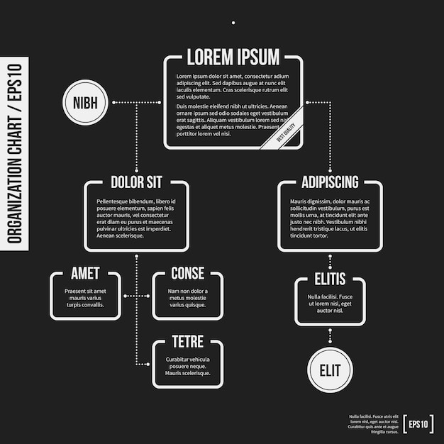 Organisatie grafiek sjabloon met geometrische elementen op zwarte achtergrond. Nuttig voor wetenschap en bedrijfspresentaties.