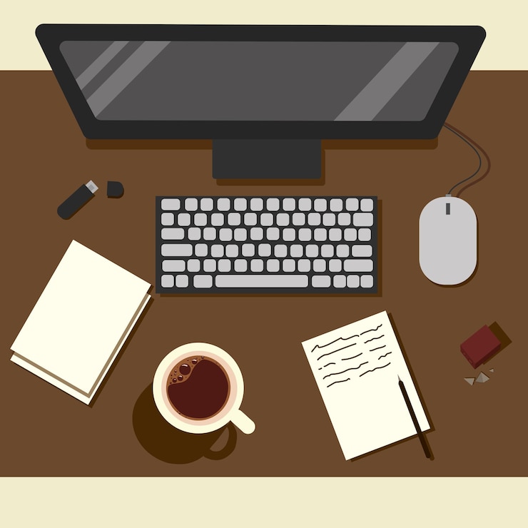 Vector organization of workplace in the office brown table with computer cup of coffee sheets pencil