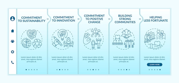organizational core values onboarding vector template. responsive mobile website with icons. web page walkthrough 5 step screens. commitment to positive change color concept with linear illustrations