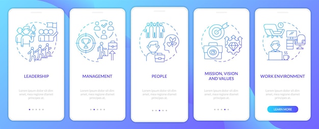 Organizational culture factors blue gradient onboarding mobile app screen