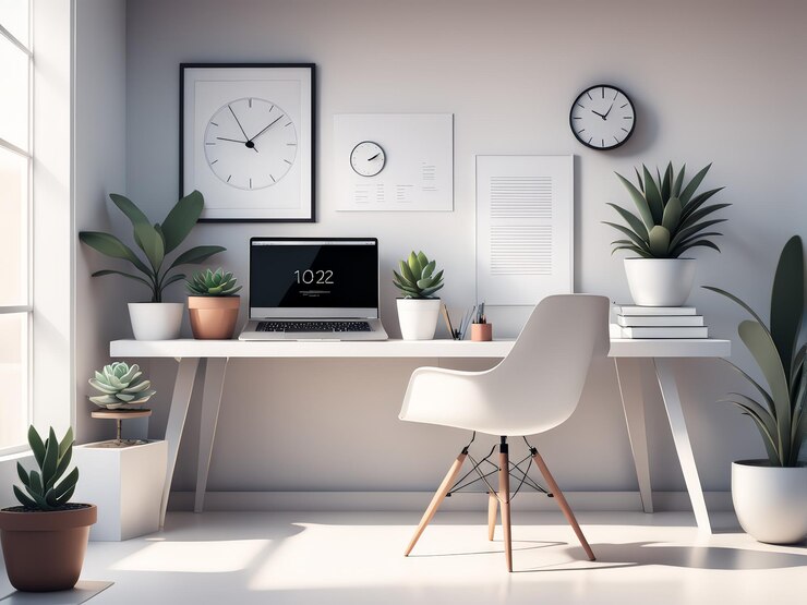 Vector organized chaos a modernist workspace embraces minimalism and high productivity through cleanli
