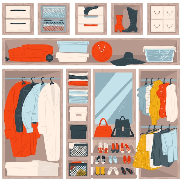 Vector organized clothing on hangers and shelves, wardrobe with clothes and accessories. mirror with bags and shoes. dressing room or showroom with baggage, coats tops and trousers, vector in flat style