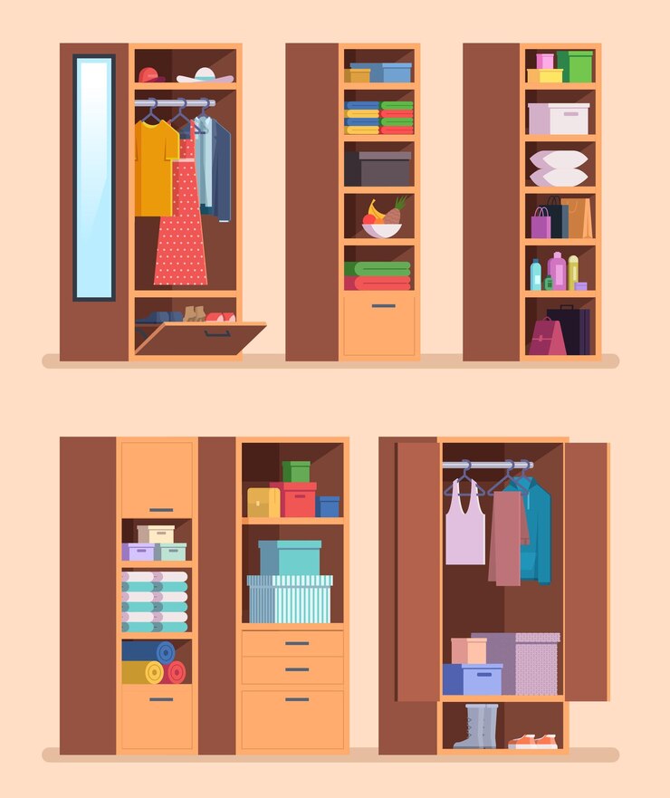 Vector organized wardrobe. shelves with clothes interior furniture for jackets pants and shoes vector cartoon set. wardrobe clothing, shelf in furniture illustration