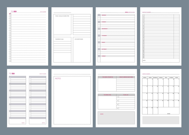 Страницы организатора. цели дизайна макета шаблона еженедельной повестки дня офиса в деловом дневнике. повестка дня офиса, органайзер и расписание на неделю или день