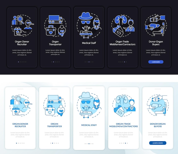 Orgelverkoop deelnemers aan boord van het paginascherm van de mobiele app. transplantatie walkthrough 5 stappen grafische instructies met concepten. ui, ux, gui vectorsjabloon met lineaire nacht- en dagmodusillustraties