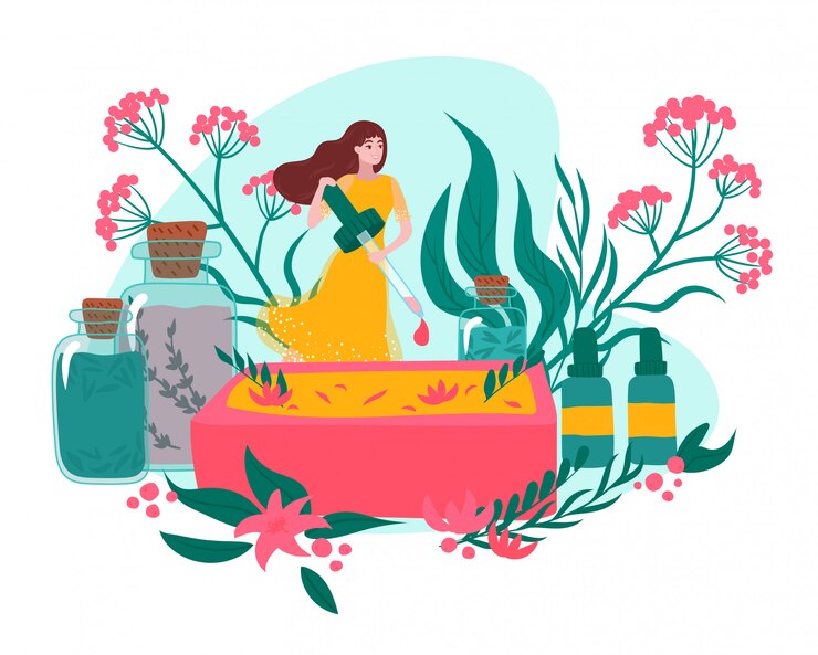 Vector orgnanic natural cosmetics with young girl, tropical leaves, flowers cosmetology products in bottles skin care flat cartoon   illustration.