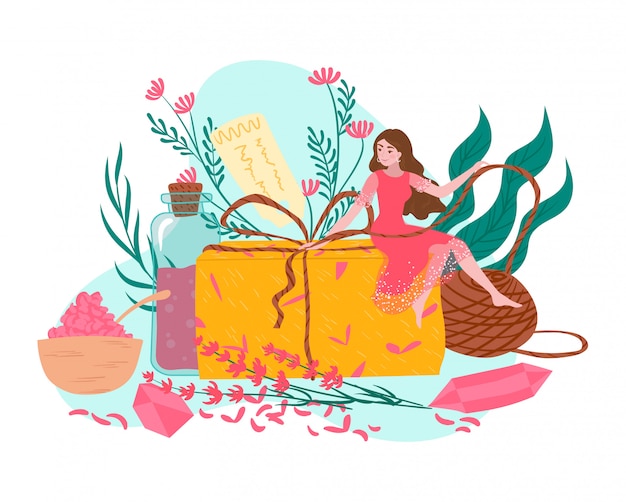 Vector orgnanic natural cosmetics with young girl, tropical leaves, flowers cosmetology products in bottles skin care flat cartoon   illustration.