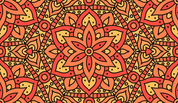 동양 추상 오렌지 꽃 무늬. 인도 만다라 패턴 원활한 벡터 디자인입니다. 직물에 대 한 벡터 완벽 한 패턴입니다.