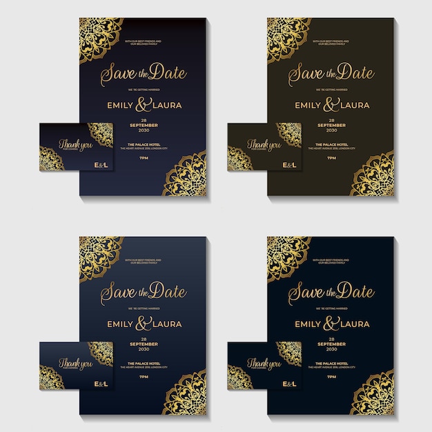 오리엔탈 들 세트 컬렉션 황금 요소 기하학적 우아한 럭셔리 왕실 결혼 초대 카드 디자인 색상 변형 플라이어 카드