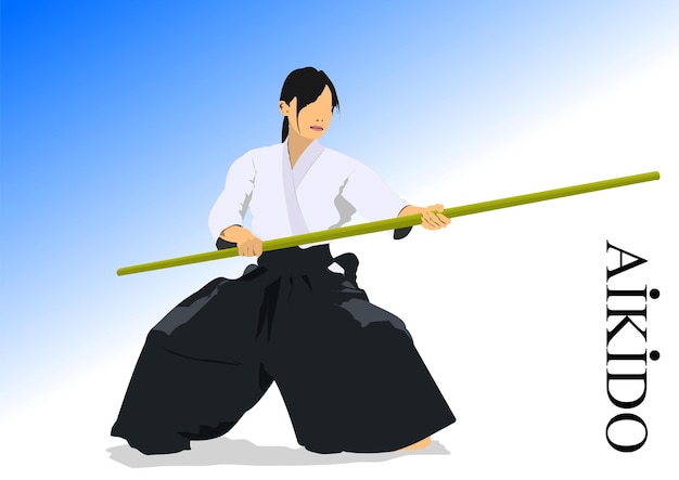 Oriental combat sports aikido colored 3d vector illustration