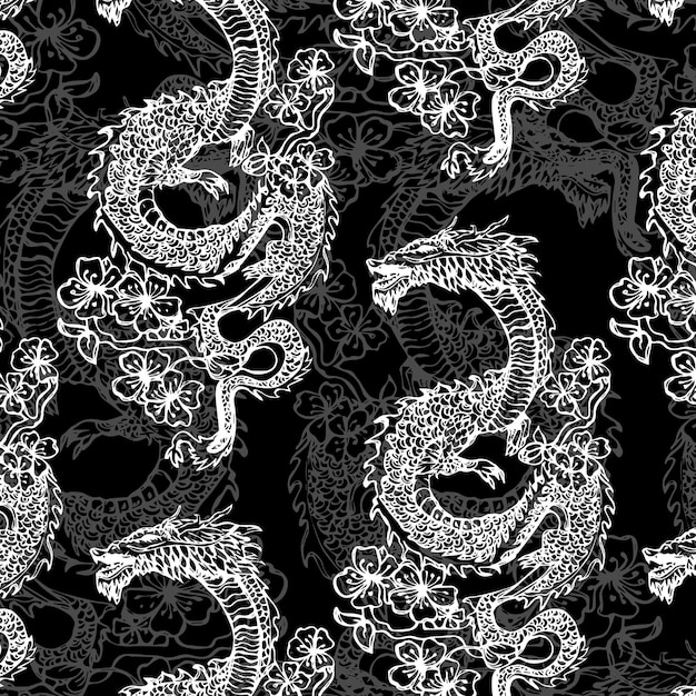 Oriental dragon flying with sakura seamless pattern.