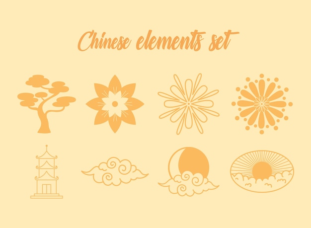 Elemento orientale decorazione fiori bonsai pagoda cloud set di icone illustrazione linea design