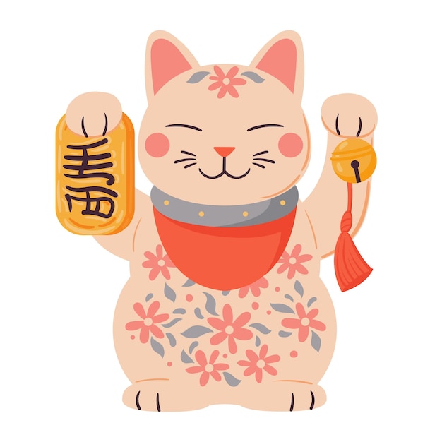 Vector oriental fortune cat cartoon maneki neko cat lucky asian traditional toy flat vector illustration