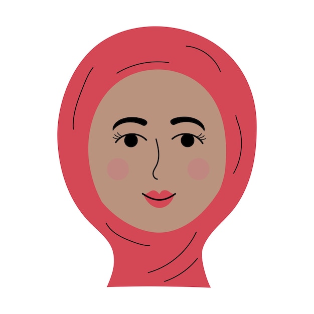 Oriental girl face in a hijab in doodle style colorful avatar of smiling woman