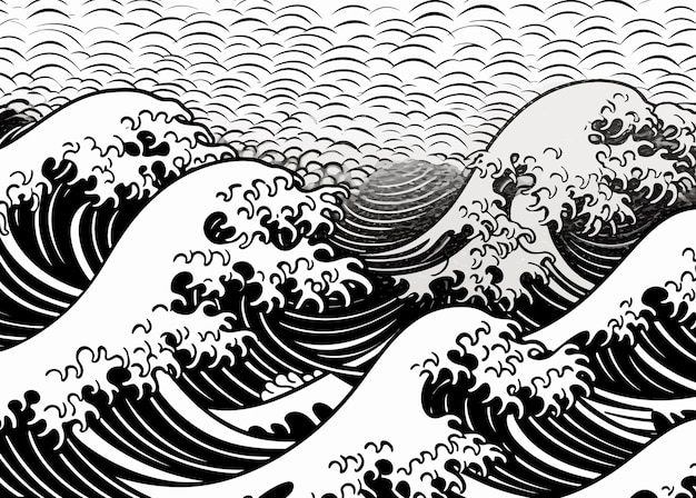 An oriental Japanese great wave in a vintage retro engraved etching style