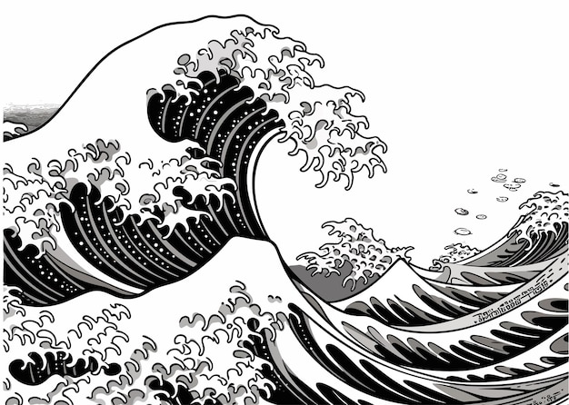 Vector an oriental japanese great wave in a vintage retro engraved etching style