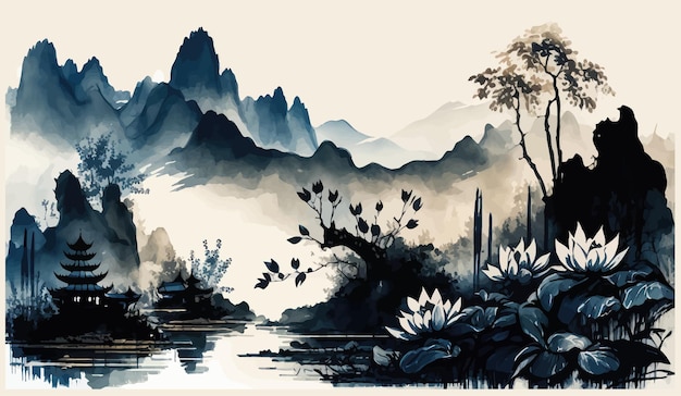Oriental landscape with lotus flowers and blue mountains in traditional oriental minimalistic Japanese style Vector illustration