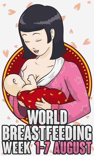 世界母乳育児デーにシェリー酒の花びらの下で赤ちゃんに母乳を与える東洋人の母親